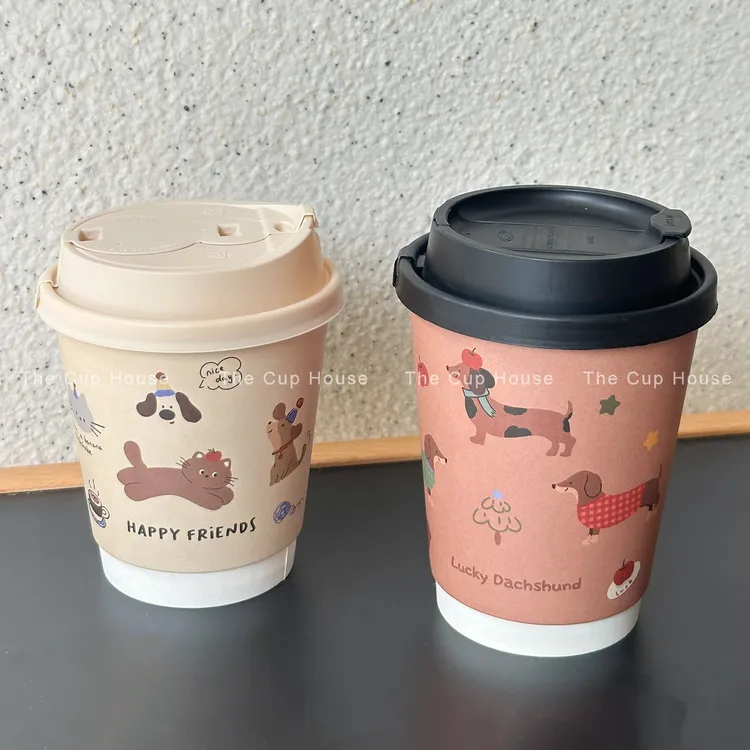 腊肠狗纸杯一次性咖啡杯可爱猫咪纸杯ins风图案纸杯奶茶纸杯商用