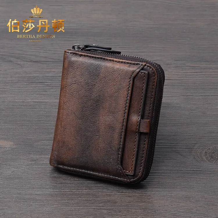 伯莎丹顿真皮钱包男短款植鞣皮复古头层牛皮时尚竖款男士零钱卡包