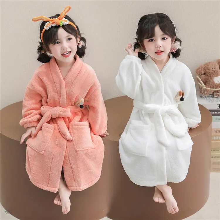儿童浴袍珊瑚绒睡袍秋冬款法兰绒女童女孩宝宝连帽暗扣睡衣家居服