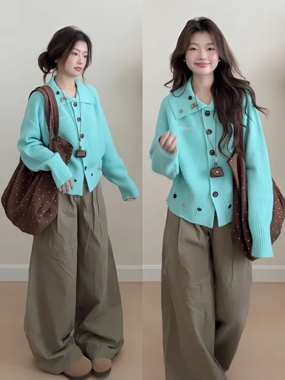 慵懒风蓝色翻领软糯毛衣外套女秋冬新款小个子宽松显瘦针织开衫潮