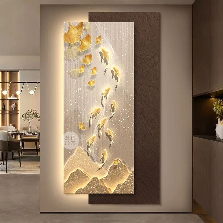 轻奢九鱼图玄关装饰画高级感银杏叶走廊过道挂画2025新款灯光壁画商品图