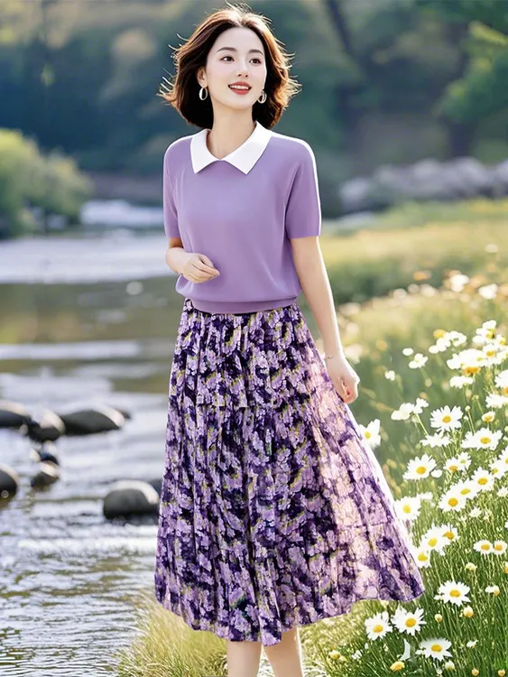 [工厂直销套装]夏季多巴胺清新翻领针织短袖碎花半身裙99448+Q278