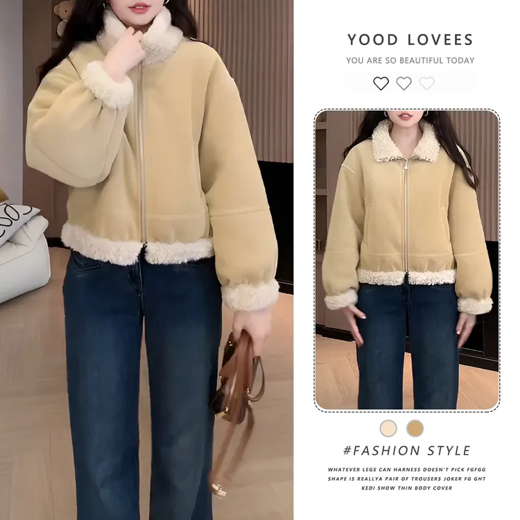 韩系宽松休闲风百搭加厚保暖毛毛立领外套女冬季2026新款短款上衣