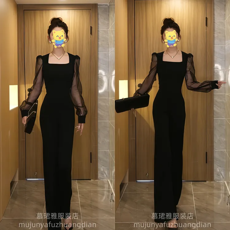 高级感时尚女装2025年春季新款方领长袖网纱拼接修身连体裤长裤