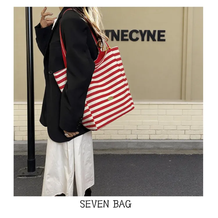 SEVEN BAG 双面可背条纹子母包2026新款大容量慵懒风帆布托特包