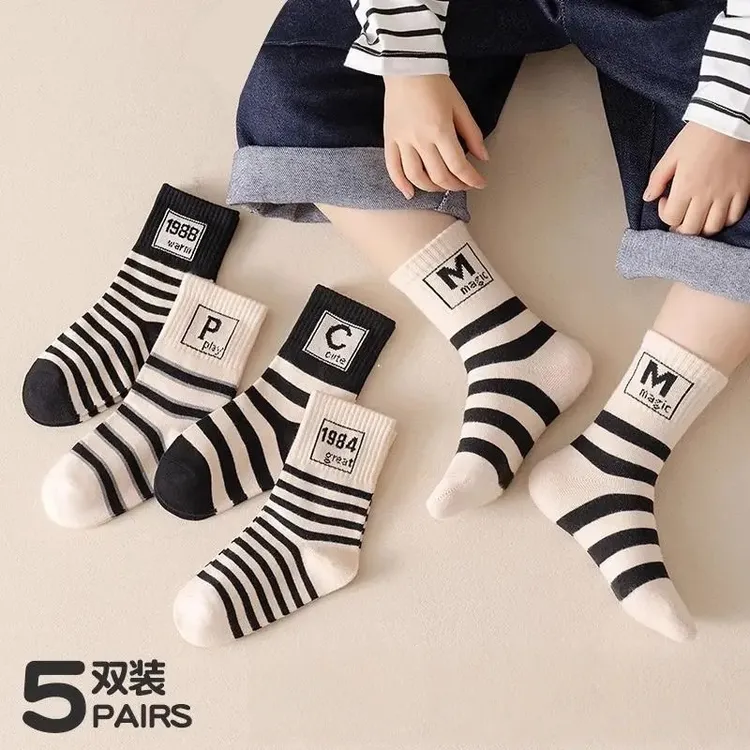 儿童袜子秋季新款中筒运动条纹男女小孩潮流男童防臭运动袜大小童