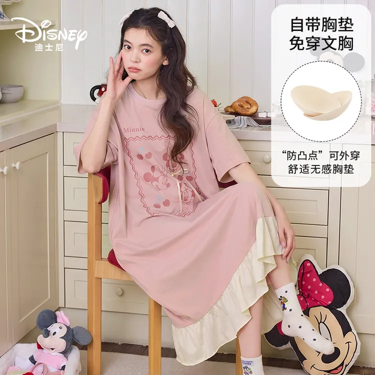 Disney迪士尼春夏新款短袖中长款睡裙纯棉透气印花甜美家居服0299