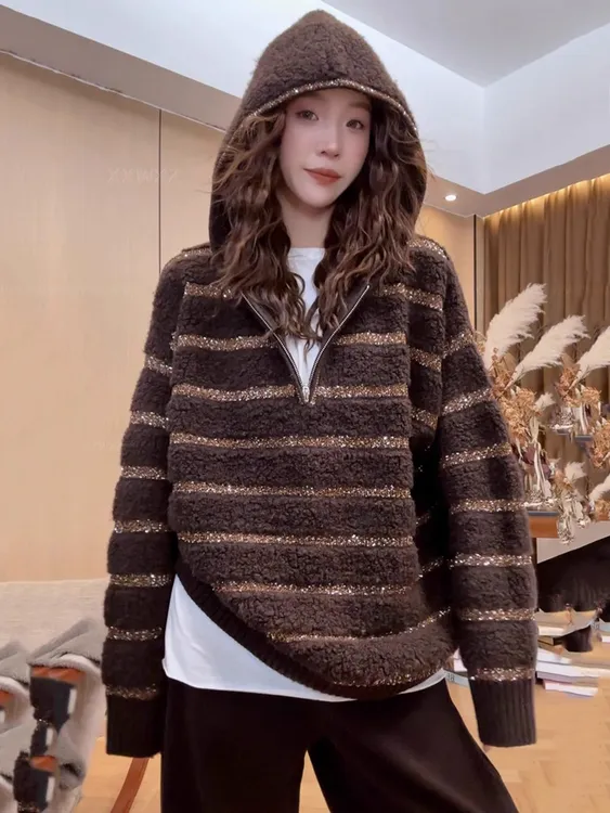 大码胖MM法式高级感金丝亮片连帽针织衫女秋冬新款慵懒风套头毛衣