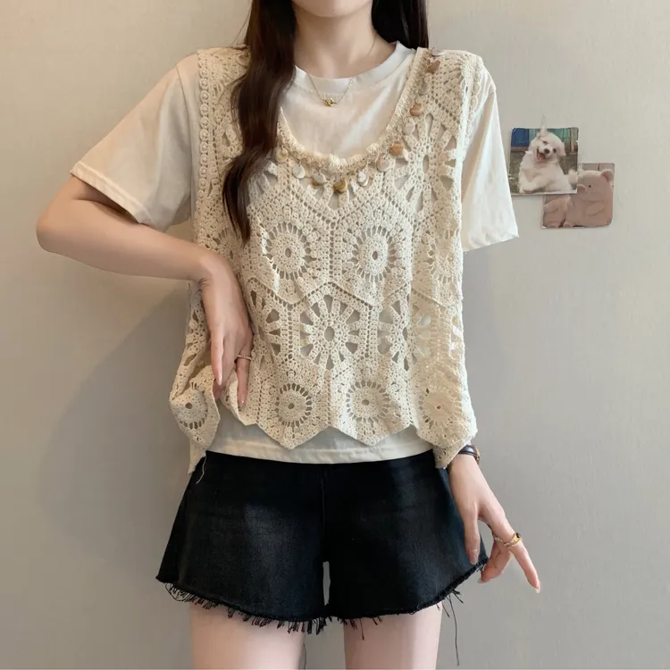 大码女装韩系百搭圆领短袖T恤叠穿镂空马甲两件套上衣女夏季新款