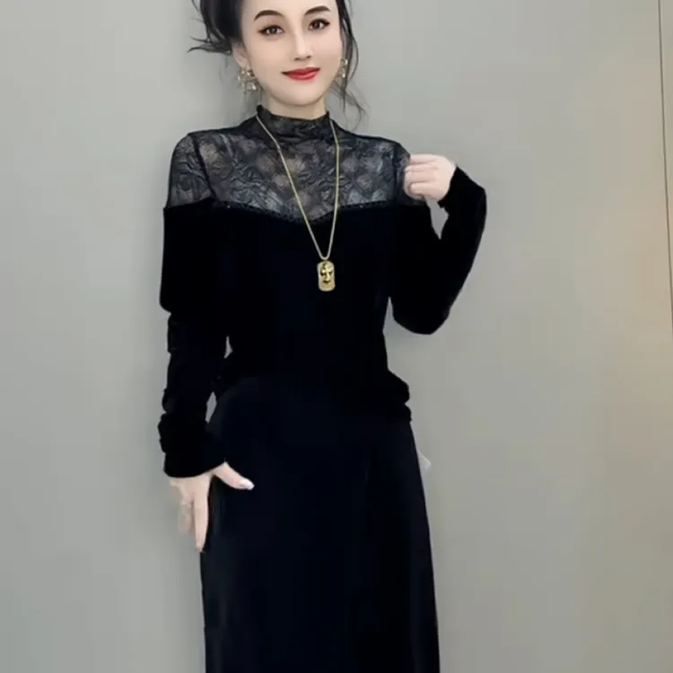 重工穿珠蕾丝拼接丝绒半高领打底衫女士秋冬新款长袖透视蕾丝上衣