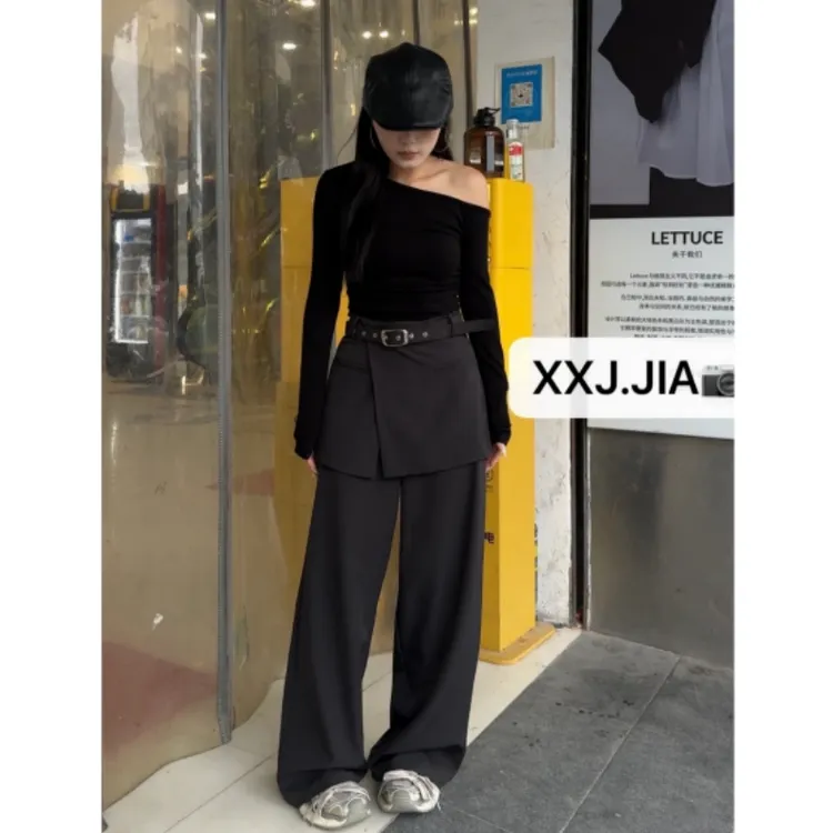 2025夏季新款假两件屁帘西装裤裙女高级设计感显瘦宽松直筒阔腿裤