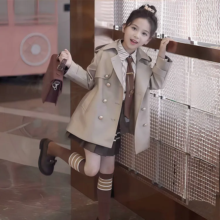 女童外套风衣2024秋装学院新款儿童中长款洋气英伦上衣春秋双排扣