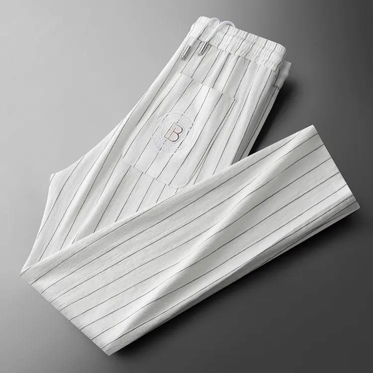 高端轻奢夏季薄款条纹休闲运动裤修身弹力轻奢时尚小直筒男士裤子