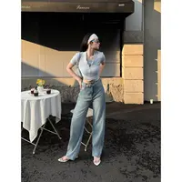 【送腰带】美式新款高腰弯刀裤休闲简约通勤百搭牛仔裤P003-2#0.12