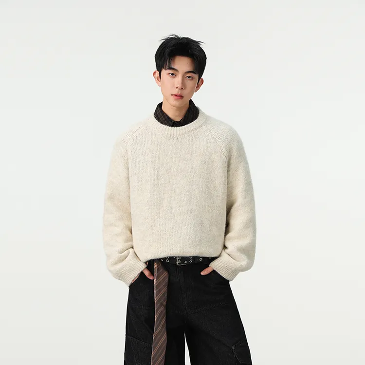 QIUYIDAODI秋冬慵懒风羊毛混纺圆领毛衣打底针织衫上衣男女内搭