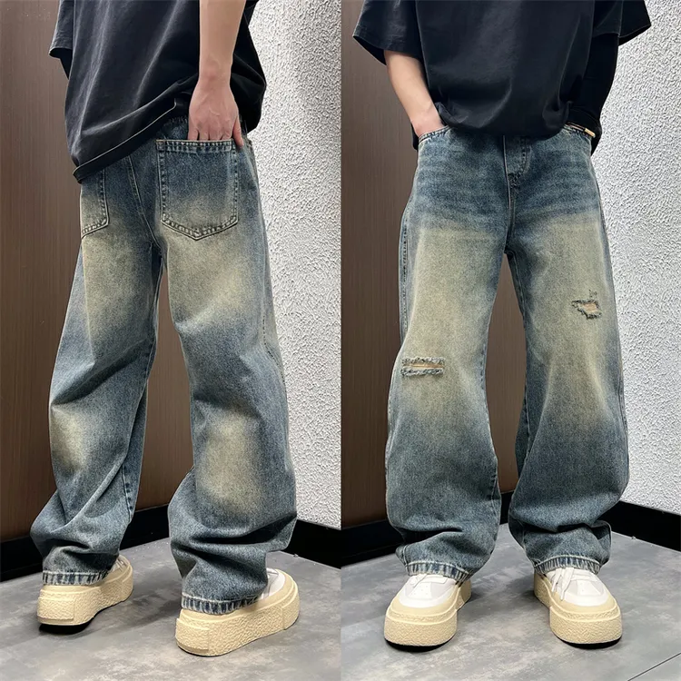 2025秋冬季痞帅破洞牛仔裤复古水洗磨白阔腿裤洋气设计感老爹裤