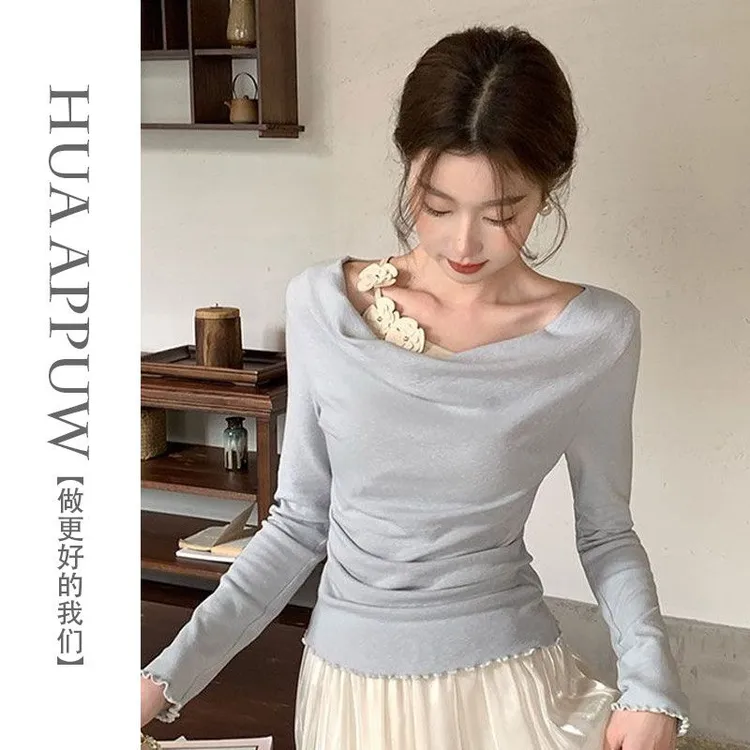 2025春季新款浅蓝色荡领褶皱长袖t恤女修身显瘦内搭打底衫短上衣