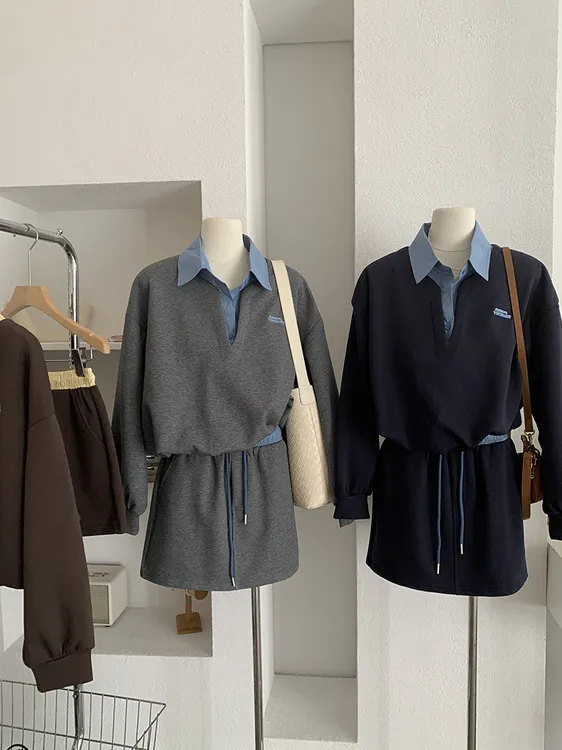 假两件翻领字母刺绣长袖卫衣+松紧撞色半身裙短两件套小个子女潮