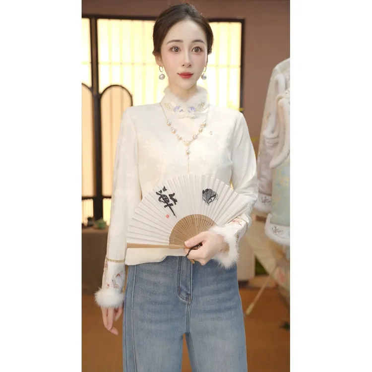 CJ【清欢】秋冬季新款中式提花精致百搭上衣拼接水貂毛160