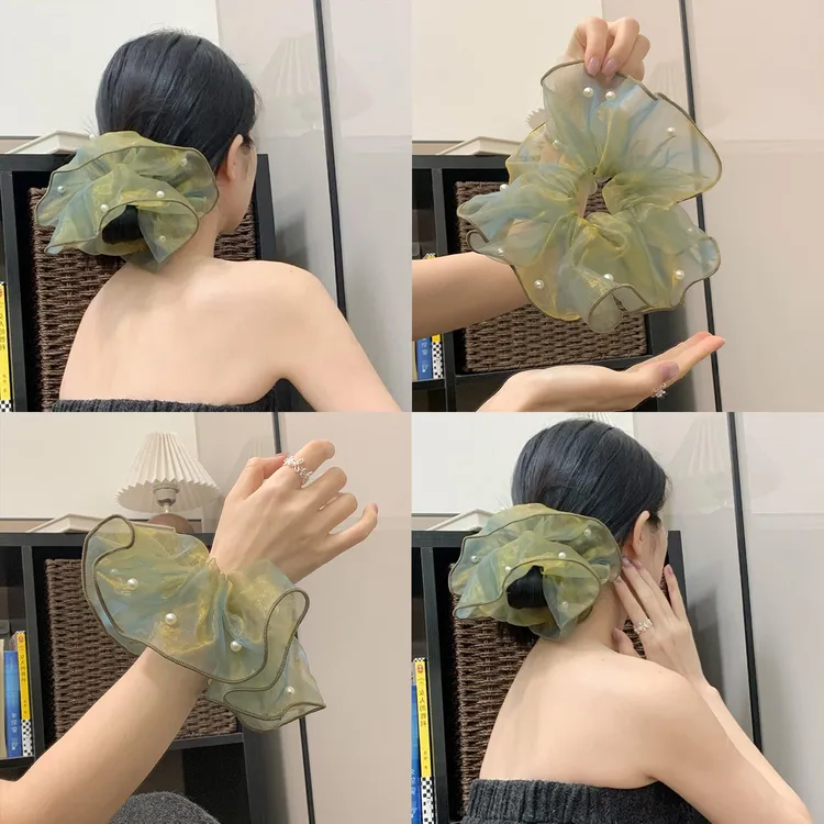 人鱼公主纱 氛围感珠珠网纱大肠发圈女高级感扎马尾发绳头花发饰