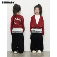 【现货】senbaby女童针织衫上衣秋季新款蝴蝶结提花V领毛衣开衫