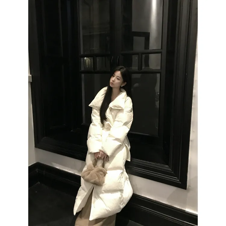 W51【漫暖织羽】秋冬高级感百搭长袖修身保暖长款腰带冬季羽绒服