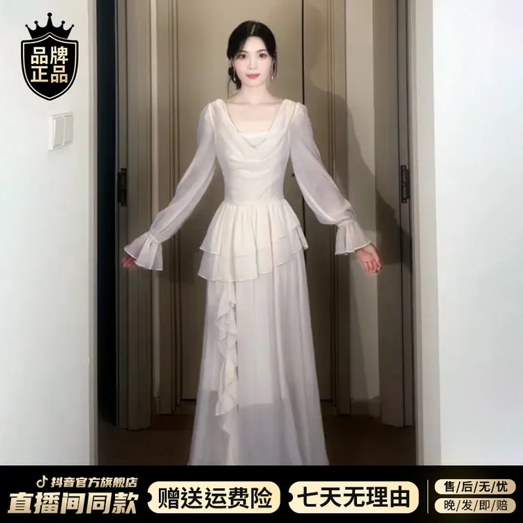 荷叶边长袖法式方领高级裙子女秋冬2025新款富家千金长袖连衣裙子
