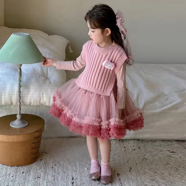 童装公主裙卡通风公主风宝宝学院风纱裙毛衣套装秋季女童长袖洋气