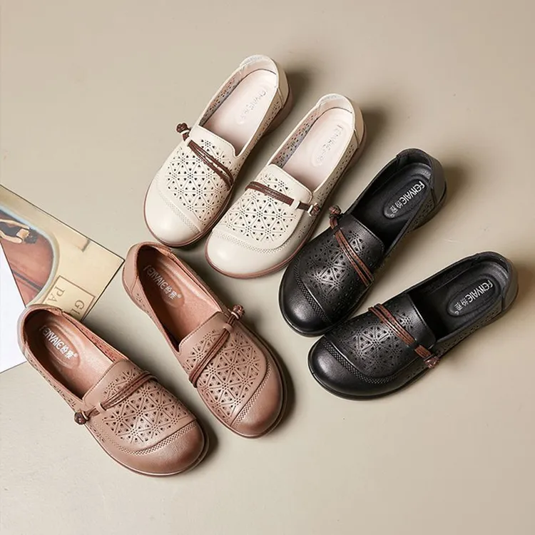 中年纳帕皮老人纯色中老年洞洞鞋单鞋透气城市游牧风