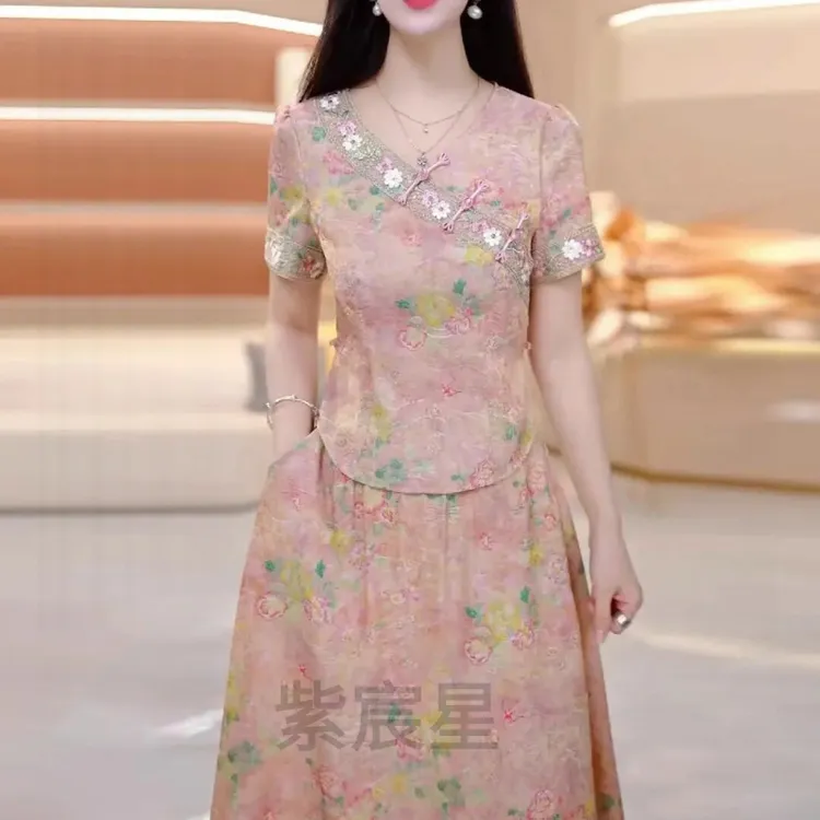 显瘦气质夏装夏季新套装裙两件套连衣裙碎花减龄洋气纯欲慵懒装