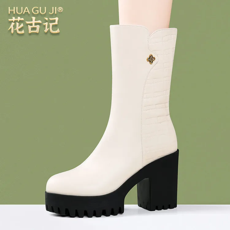 真皮马丁靴女2025秋冬新款粗跟厚底加绒靴子时尚百搭保暖中筒靴子