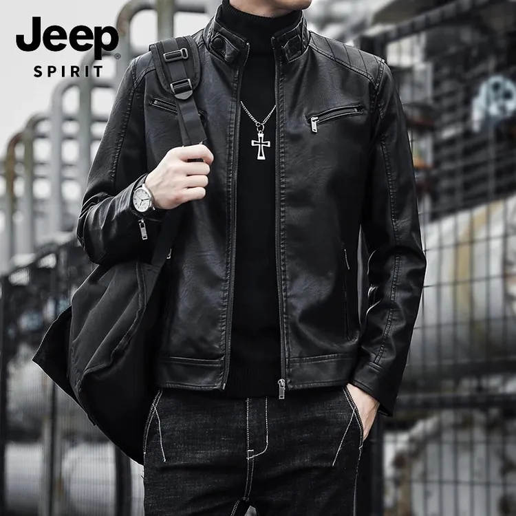 JEEP SPIRIT 吉普皮夹克男士皮衣春秋季韩版时尚立领机车服工装潮