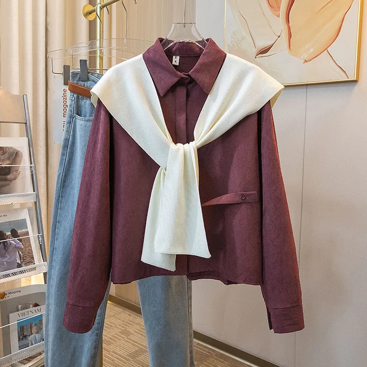 韩系针织披肩慵懒风松弛感宽松百搭显廋搭肩紫色长袖翻领排扣衬衫