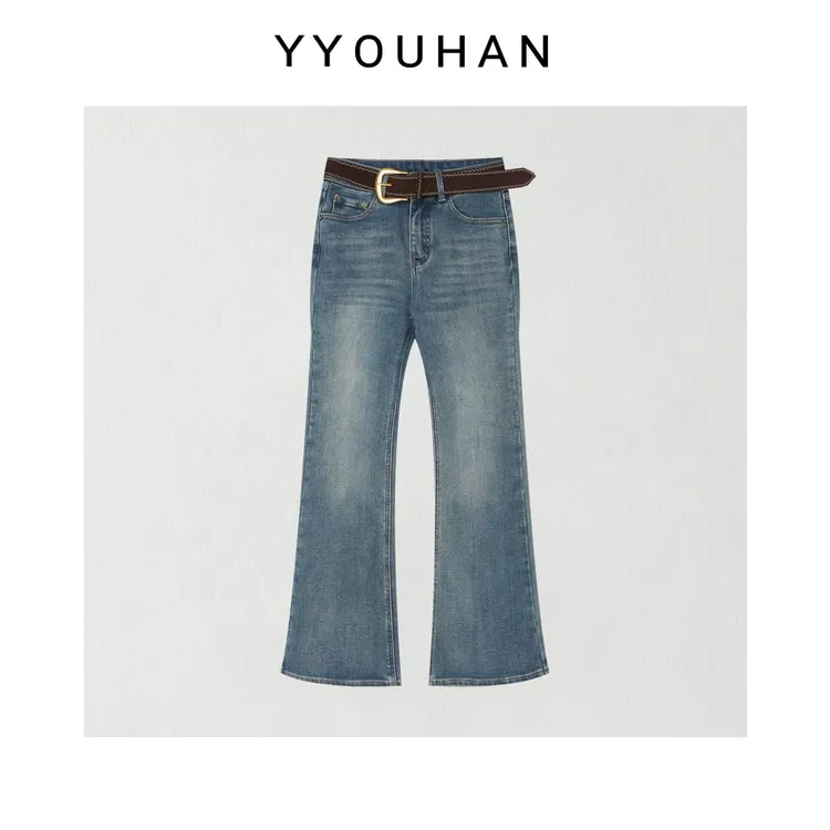 月月 2025冬季新款极简加绒加厚四面弹微喇高腰牛仔裤 2512C8597