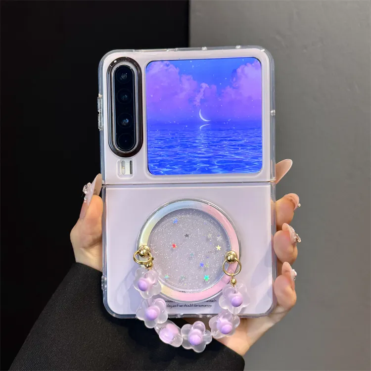 适用华为purax典藏版折叠屏手机壳pocket2纯色星空磁吸圈花朵链条