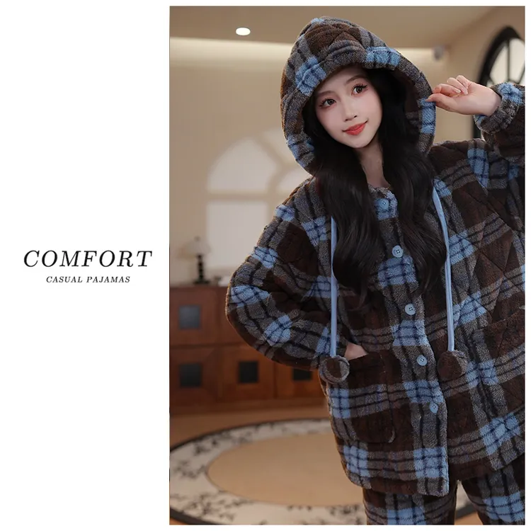 2025新款三层夹棉加绒加厚长毛绒连帽睡衣女套装保暖可外穿家居服