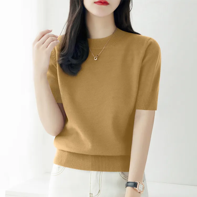 圆领宽松时尚针织衫女秋季新款气质五分袖显瘦内搭打底上衣女士