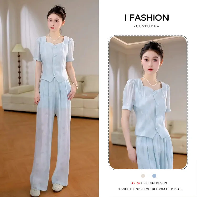 简约设计感时尚套装女2026年夏季新款收腰显瘦上衣阔腿裤两件套潮