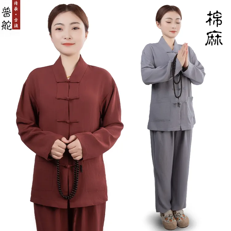 JSF居士服 女套装 自然麻对襟套装