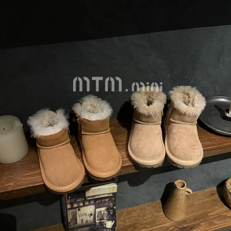 秋冬款男女童加绒雪地靴男宝休闲棉靴女宝学步鞋蝴蝶结串珠大棉靴