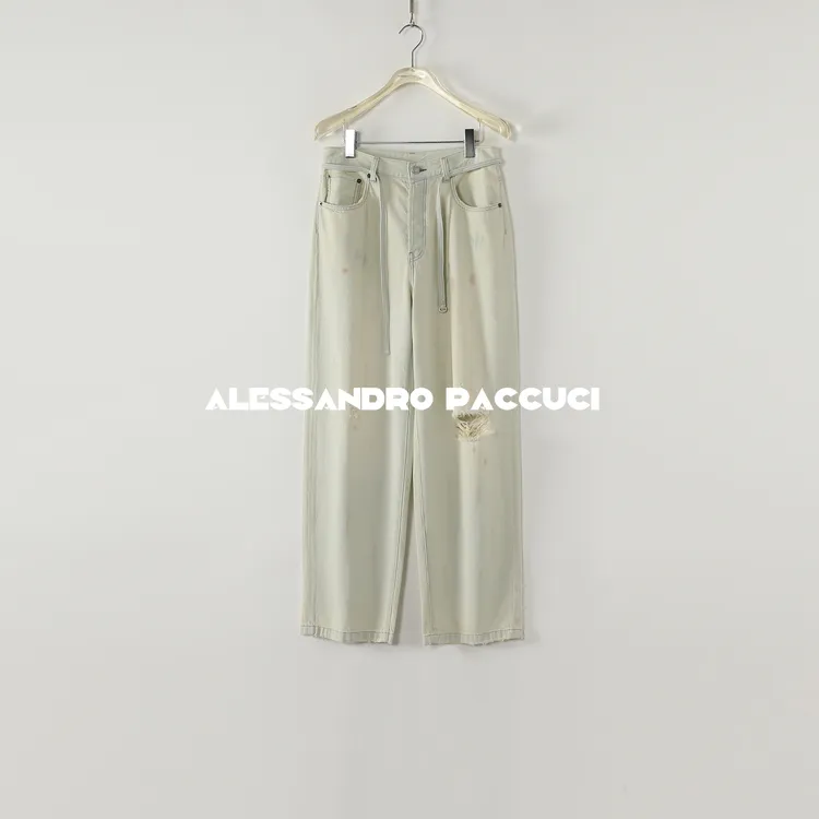 AP洛哥52021NK【面膜牛仔】100棉破洞做旧腰带时尚百搭个性牛仔长裤