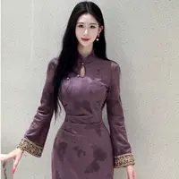 LHMknk1活动画报夫人原创自制秋冬麂皮绒显白新中式文艺旗袍 蝶紫