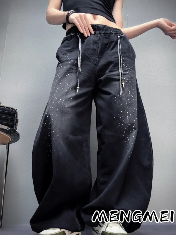 烫钻牛仔裤潮牌双抽绳长裤黑色长裤街舞广场舞曳舞星空牛仔裤