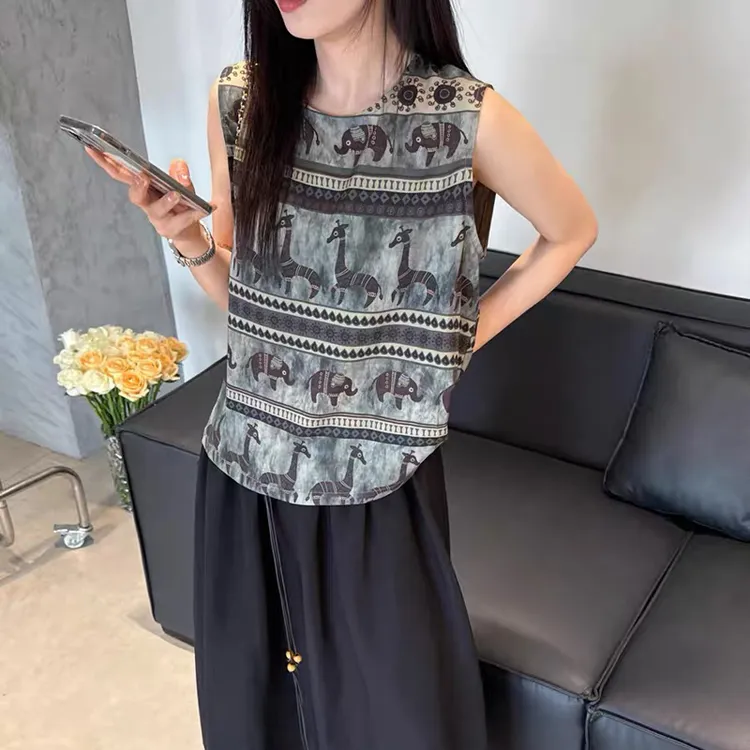 新中式夏季新款复古印花后背单排扣无袖背心马甲衬衫上衣T恤 2052