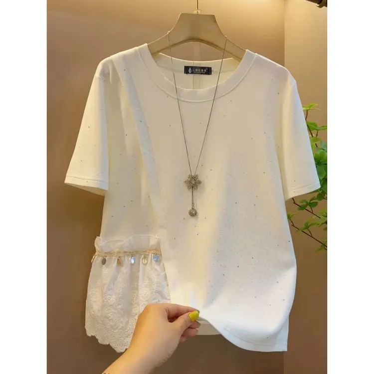 胖妹妹240斤大码设计感亮晶晶蕾丝拼接短袖t恤女夏季新款显瘦上衣