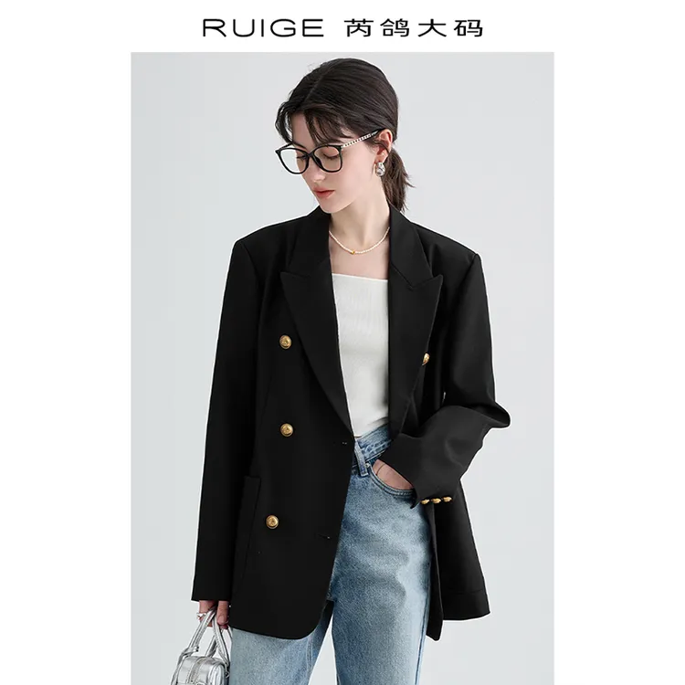 芮鸽微胖春季外套女气质休闲黑色西装胖mm女装高级通勤西服上衣