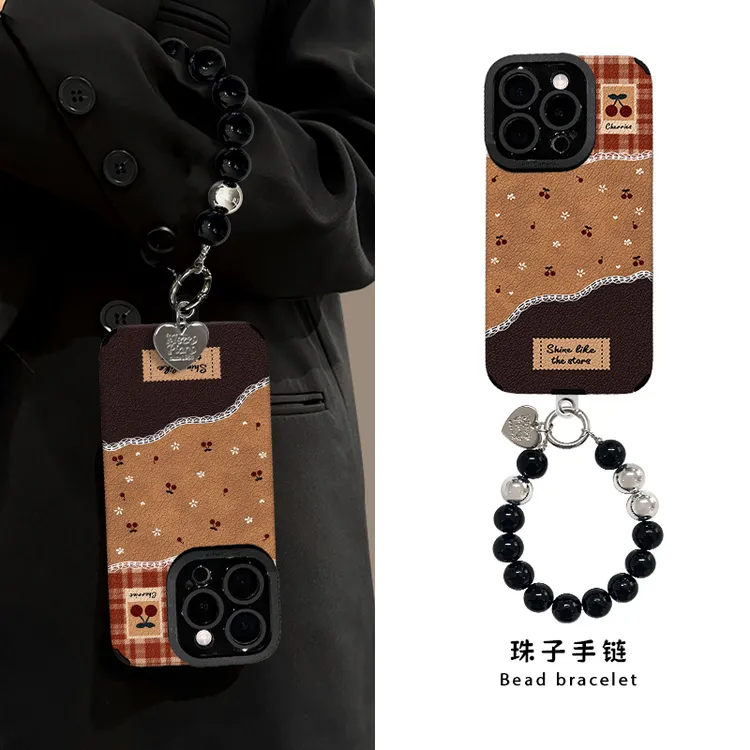 碎花樱桃适用苹果15华为vivo/oppo小米iPhone16pro瞳眼羊皮手机壳