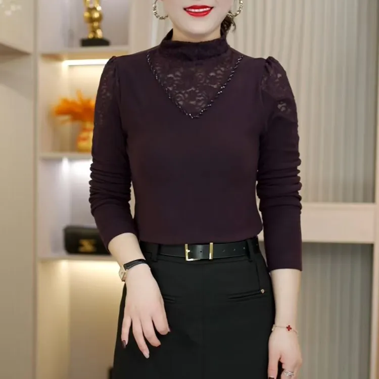 2025冬季新款洋气半高领手工订珠镂空百搭气质加绒长袖小衫