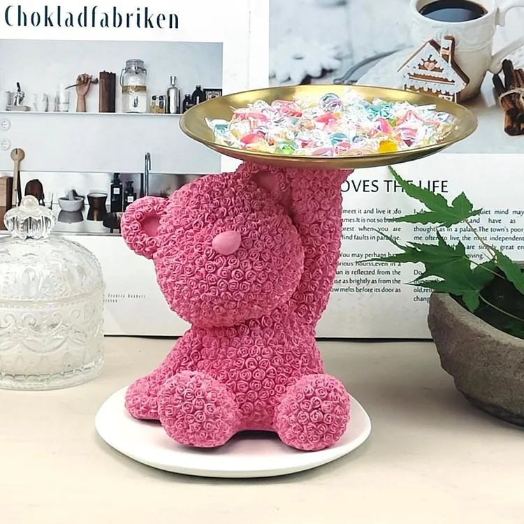 新款轻奢网红玫瑰熊摆件收纳托盘客厅电视酒柜卧室房间布置装饰品