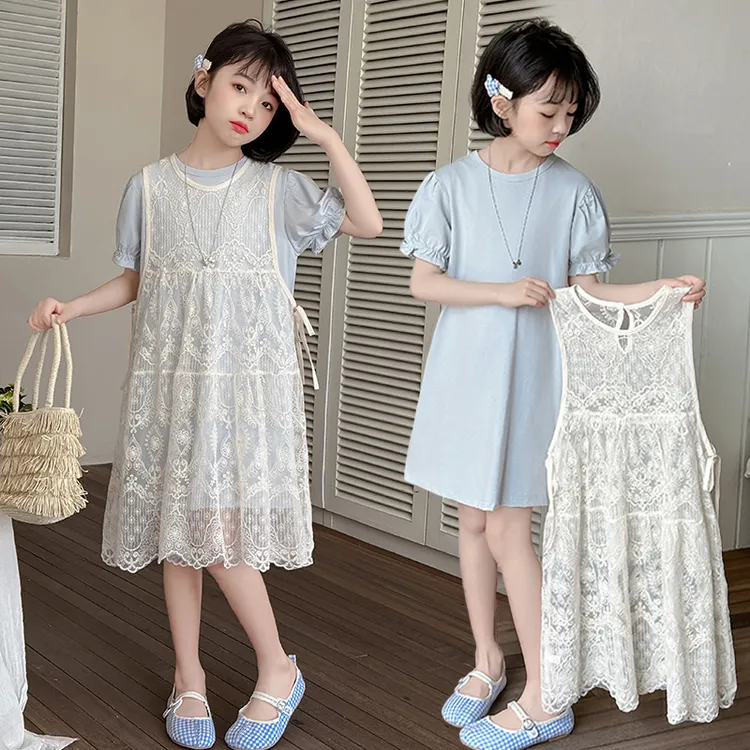 女童夏季连衣裙套装2025时髦洋气女孩叠穿蕾丝公主裙大童夏装裙子